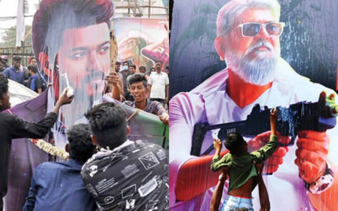 വാരിസു റിലീസ് ദിവസം നടൻ വിജയിയുടെ ചിത്രത്തിൽ പാലഭിഷേകം നടത്തുന്ന ആരാധകർ, തുനിവു ചിത്രത്തിന്റെ റിലീസിനോട് അനുബന്ധിച്ച് നടൻ അജിത്തിന്റെ പോസ്റ്ററിൽ കുട്ടിയെക്കൊണ്ട് പാലഭിഷേകം നടത്തിക്കുന്ന ആരാധകൻ
