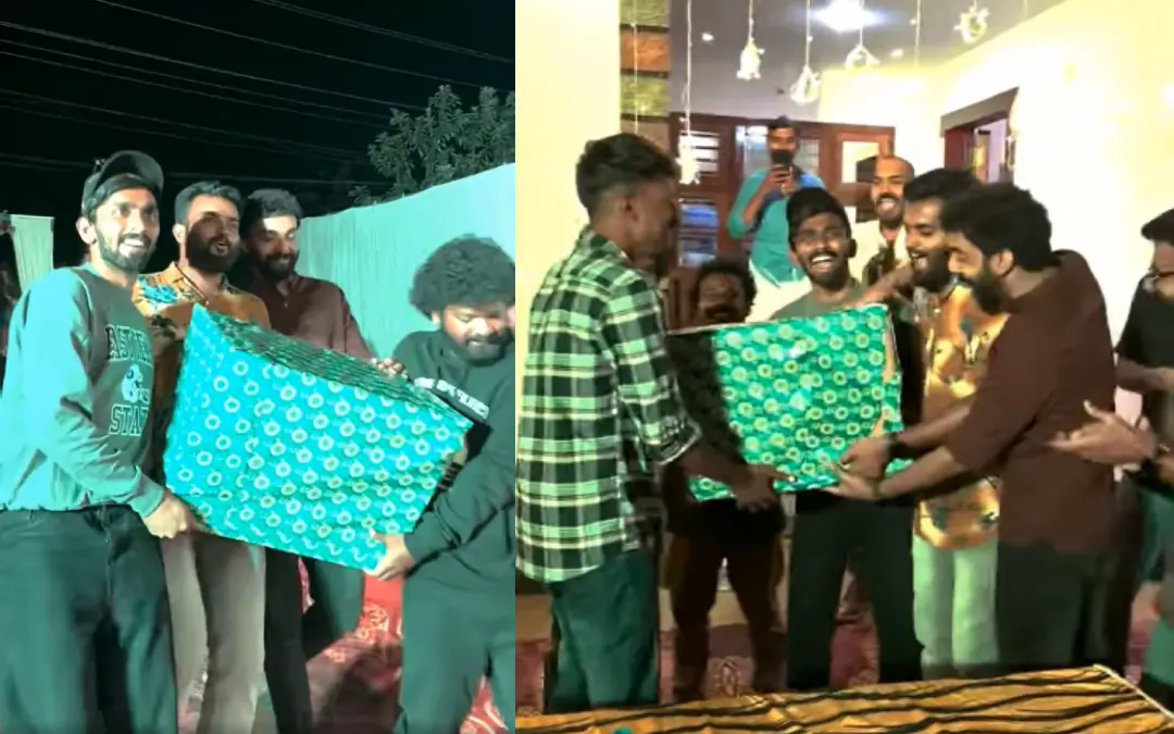 കൂട്ടുകാരന് സമ്മാനം നൽകുന്ന രോമാഞ്ചം ടീം | ഫോട്ടോ: സ്ക്രീൻഗ്രാബ്