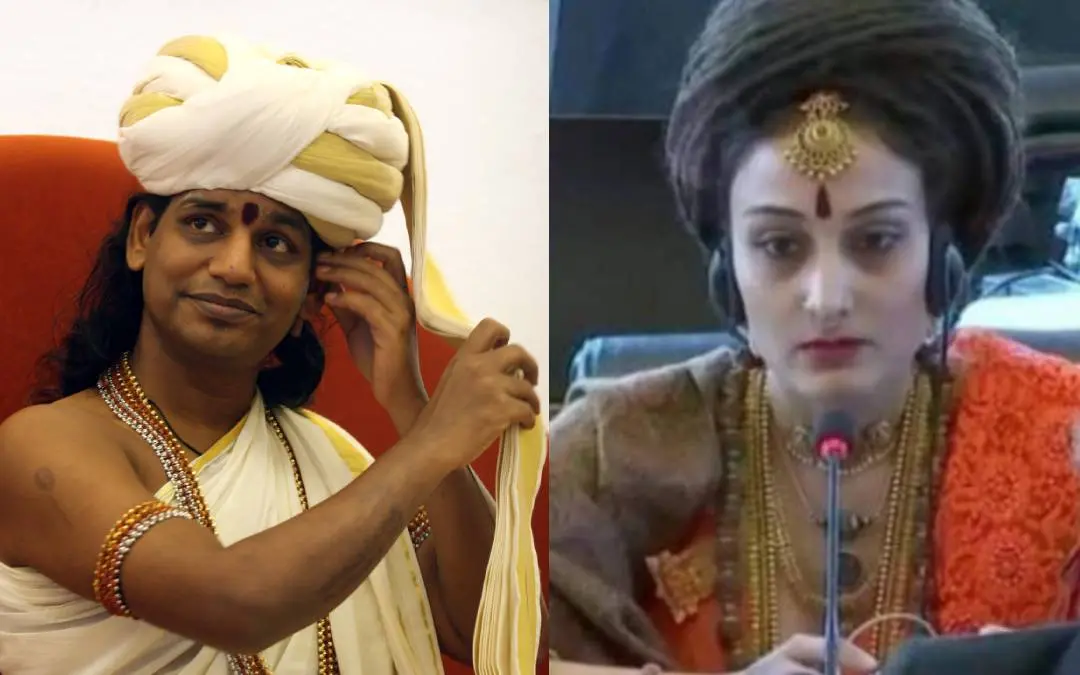 നിത്യാനന്ദ, നിത്യാനന്ദയുടെ പ്രതിനിധി മാ വിജയപ്രിയ യു.എന്. യോഗത്തില് | Photo: Mathrubhumi, twitter.com/SriNithyananda