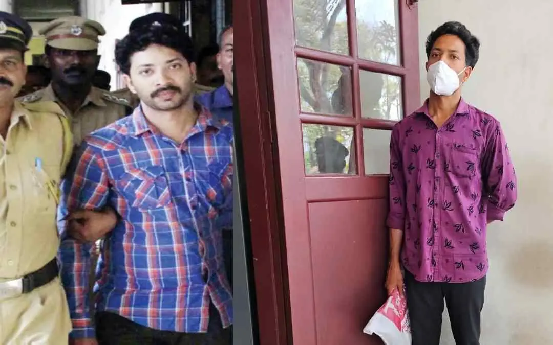 പ്രതി അരുണ്‍ ശശി. പഴയിടം കൊലക്കേസില്‍ അറസ്റ്റ് ചെയ്തതിന് പിന്നാലെയുള്ള ചിത്രം(ഇടത്ത്) കഴിഞ്ഞദിവസം കേസിലെ ശിക്ഷാവിധി കേള്‍ക്കാനായി കോടതിയില്‍ എത്തിയദൃശ്യം(വലത്ത്)