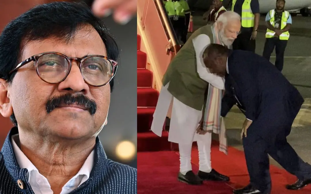 സഞ്ജയ് റാവുത്ത്, പാപുവ ഗിനിയന് പ്രധാനമന്ത്രി ജെംയിസ് മറാപ്പെ മോദിയുടെ കാല് തൊട്ടു വന്ദിച്ചപ്പോൾ( ഇടത്) | ഫോട്ടോ: ANI, PTI