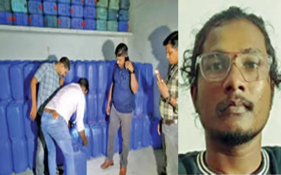 തൃക്കാക്കരയില്‍ ടയര്‍ ഗോഡൗണില്‍ കന്നാസുകളിലായി സൂക്ഷിച്ചിരുന്ന സ്പിരിറ്റ് ശേഖരം എക്‌സൈസ് പിടികൂടിയപ്പോള്‍(ഇടത്ത്) അറസ്റ്റിലായ അജിത്കുമാര്‍(വലത്ത്)