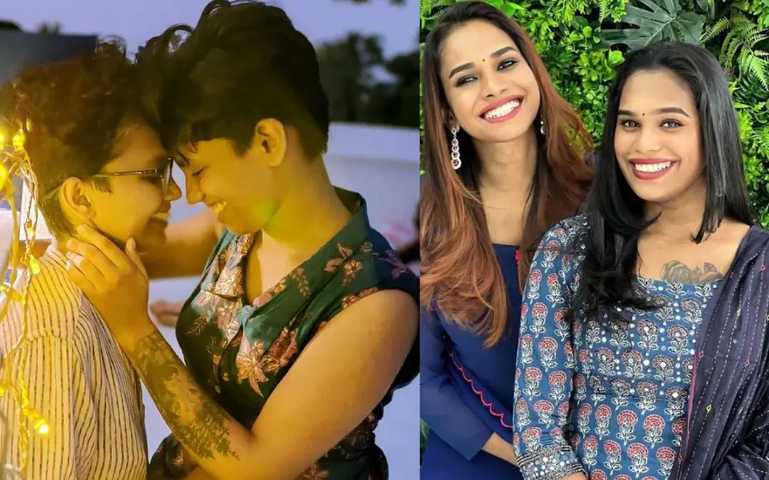 ക്വീര് പങ്കാളികളായ നവ്യ റിച്ചുവും പൊന്നു ഇമയും ഇടത് വശം, ശ്രുതി സിതാര ദയാ ഗായത്രിയും വലതുവശം