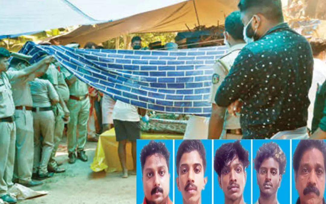 സുജിതയുടെ മൃതദേഹം പുറത്തെടുത്ത് പരിശോധിക്കുന്നു. ഇന്സെറ്റില് അറസ്റ്റിലായ വിഷ്ണു, സഹോദരങ്ങളായ വൈശാഖ്, വിവേക്, സുഹൃത്ത് മുഹമ്മദ് ഷിഫാന്, അച്ഛന് മുത്തു.