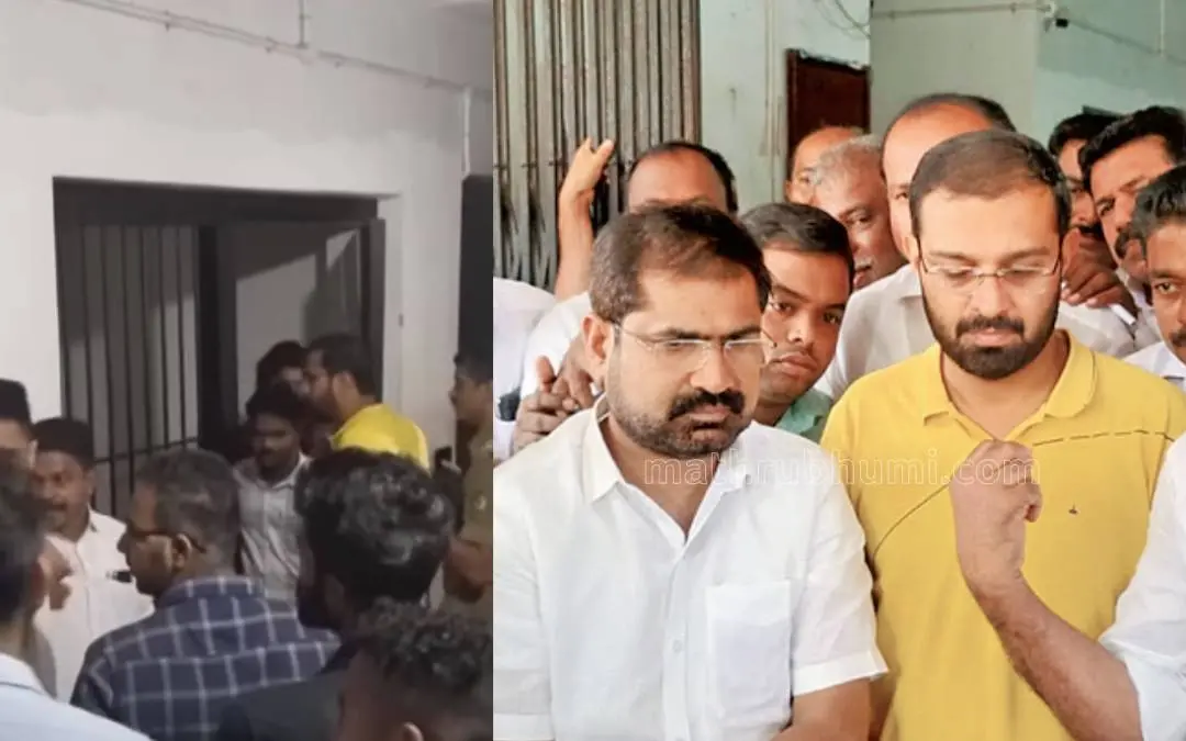 കോണ്ഗ്രസ് എം.എല്.എമാര് കാലടി പോലീസ് സ്റ്റേഷനിലെ ഉപരോധത്തിനിടെ | Photo: Screem grab/ Mathrubhumi News, Mathrubhumi