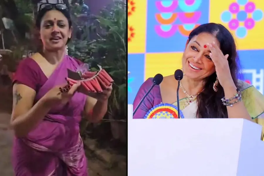 നാഗവല്ലിക്കും പേടിയോ?; പടക്കം കത്തിച്ച് ശോഭനയുടെ ഓട്ടം, വീഡിയോ വൈറല്