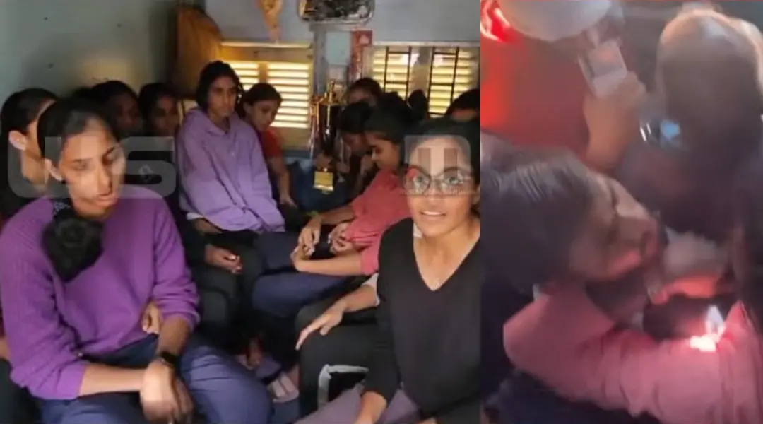 കേരള വനിതാ ബാസ്ക്കറ്റ് ബോള് ടീം അംഗങ്ങള് ട്രെയിനില് | Photo: Screengrab/mbi news