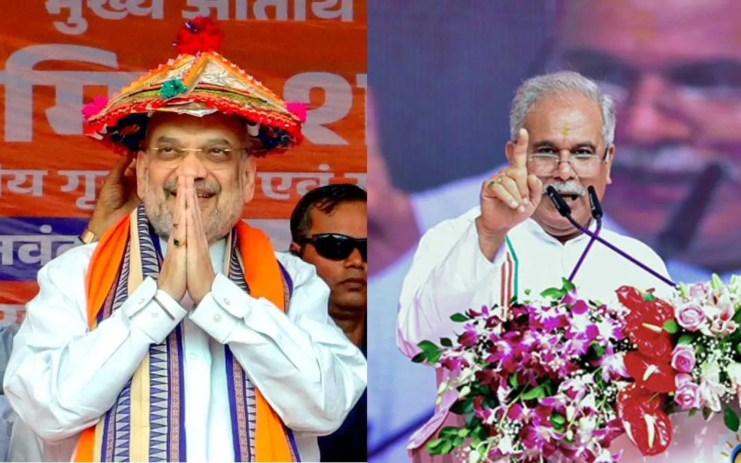 അമിത് ഷായും ഭൂപേഷ് ബഘേലും ഛത്തീസ്ഗഢിൽ തിരഞ്ഞെടുപ്പ് പ്രചരണങ്ങൾക്കിടെ | Photo: ANI