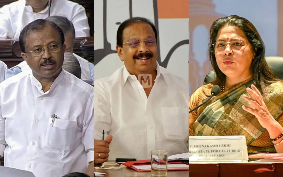 വി. മുരളീധരന്, കെ. സുധാകരന്, മീനാക്ഷി ലേഖി | Photo: ANI, Mathrubhumi, ANI