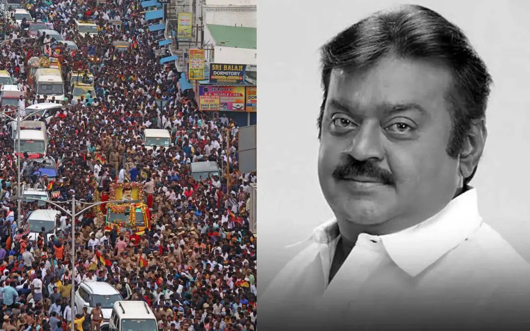 വിജയകാന്തിന്റെ മൃതദേഹം വഹിച്ചുള്ള വിലാപയാത്രയ്ക്കെത്തിയ ജനക്കൂട്ടം, വിജയകാന്ത് | ഫോട്ടോ: എ.എൻ.ഐ