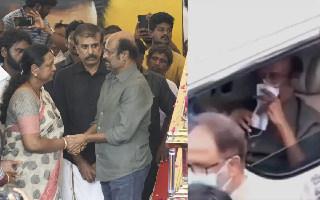 വിജയകാന്തിന്റെ സംസ്കാരച്ചടങ്ങിനെത്തിയ രജനികാന്ത് | ഫോട്ടോ: പി.ടി.ഐ, സ്ക്രീൻഗ്രാബ്
