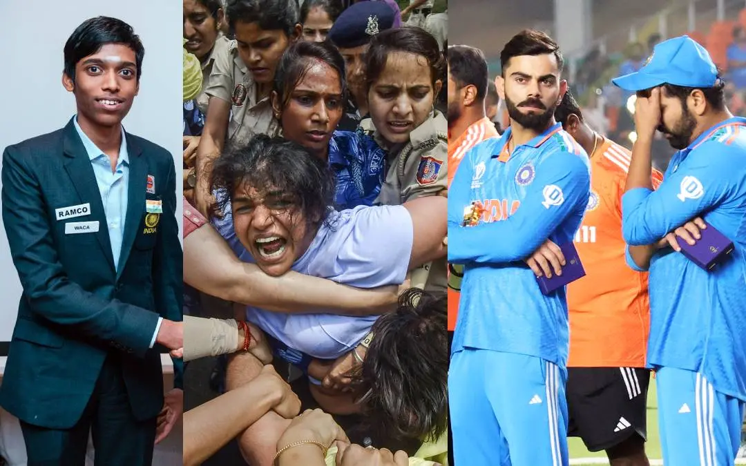 ആര്. പ്രഗ്നാനന്ദ, ഗുസ്തി സമരത്തിനിടെ സാക്ഷി മാലിക്ക്, ലോകകപ്പ് ഫൈനൽ തോൽവിക്ക് ശേഷം രോഹിത്തിന്റെയും കോലിയുടെയും നിരാശ | Photo | AFP, PTI, ANI