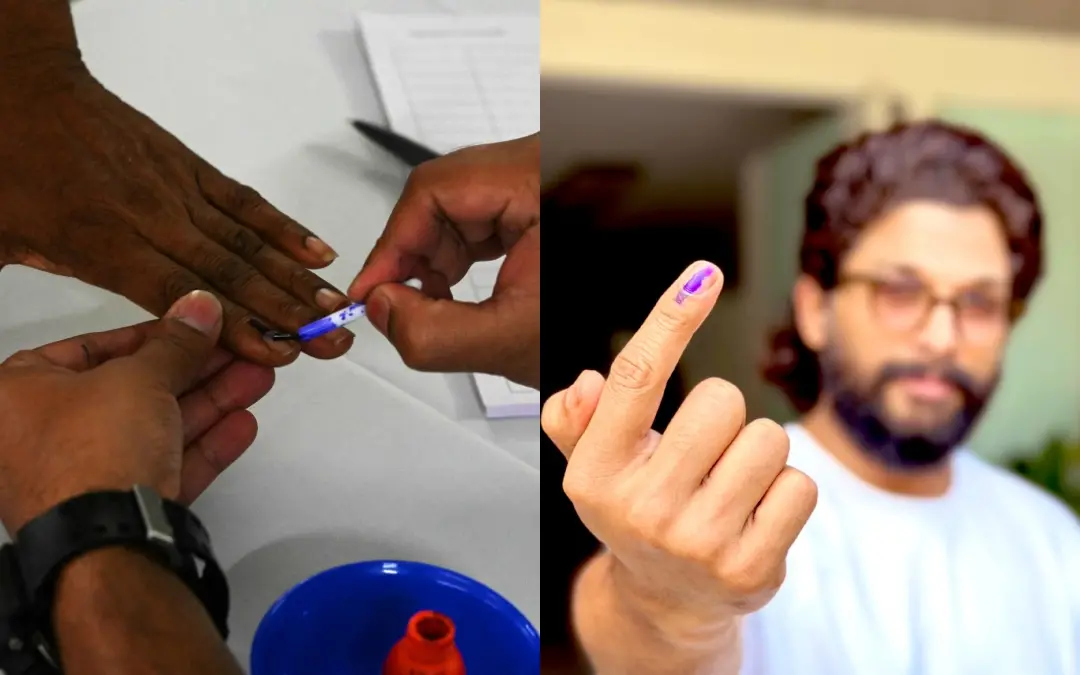 പ്രതീകാത്മക ചിത്രം, വോട്ടുരേഖപ്പെടുത്തിയ ശേഷം അല്ലു അര്‍ജുന്‍ പങ്കുവെച്ച ചിത്രം | Photo: AFP, Twitter/ Allu Arjun