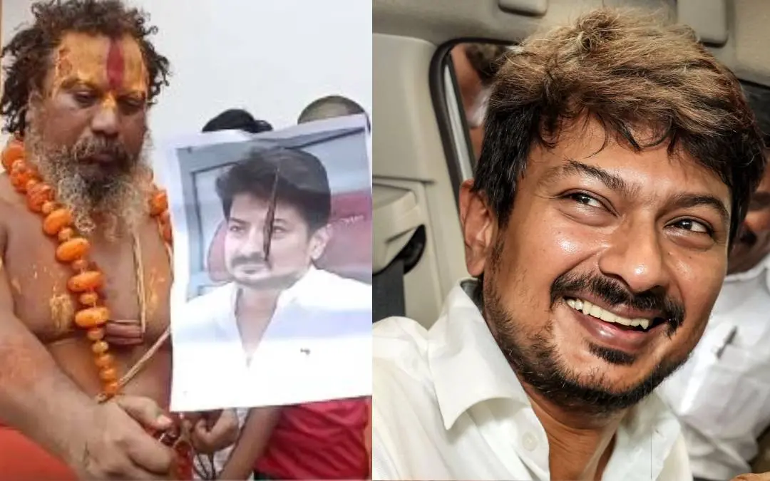 പരംഹൻസ് ആചാര്യ ഉദയനിധിയുടെ ചിത്രം കത്തിക്കുന്നു, ഉദയനിധി സ്റ്റാലിൻ | Photo: twitter.com/piyushraj, PTI