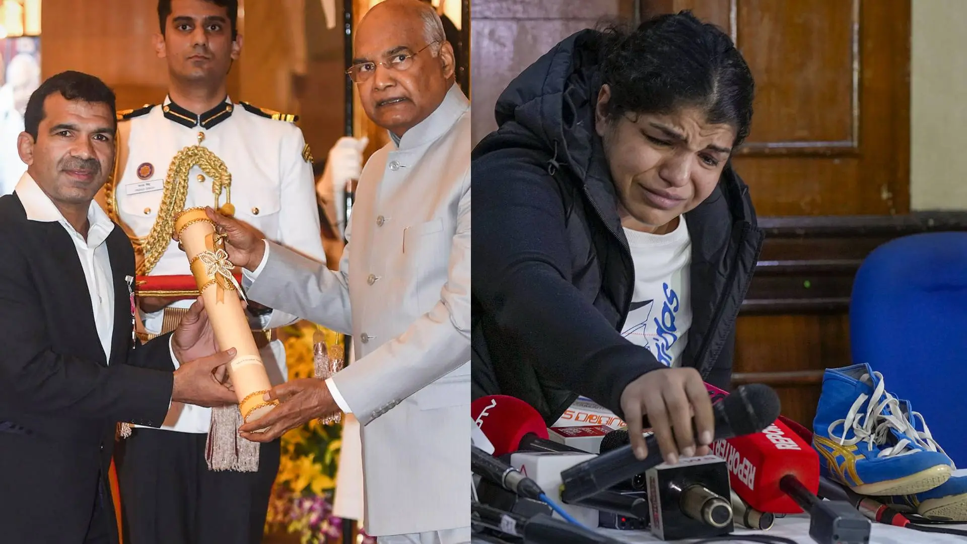 വിരേന്ദര് സിങ് പത്മശ്രീ സ്വീകരിക്കുന്നു, സാക്ഷി മാലിക് ഇനി ഗുസ്തിയ്ക്കില്ലെന്ന് പ്രഖ്യാപിച്ച് ബൂട്ടുകള് ഉപേക്ഷിച്ചപ്പോള് | Photo: PTI