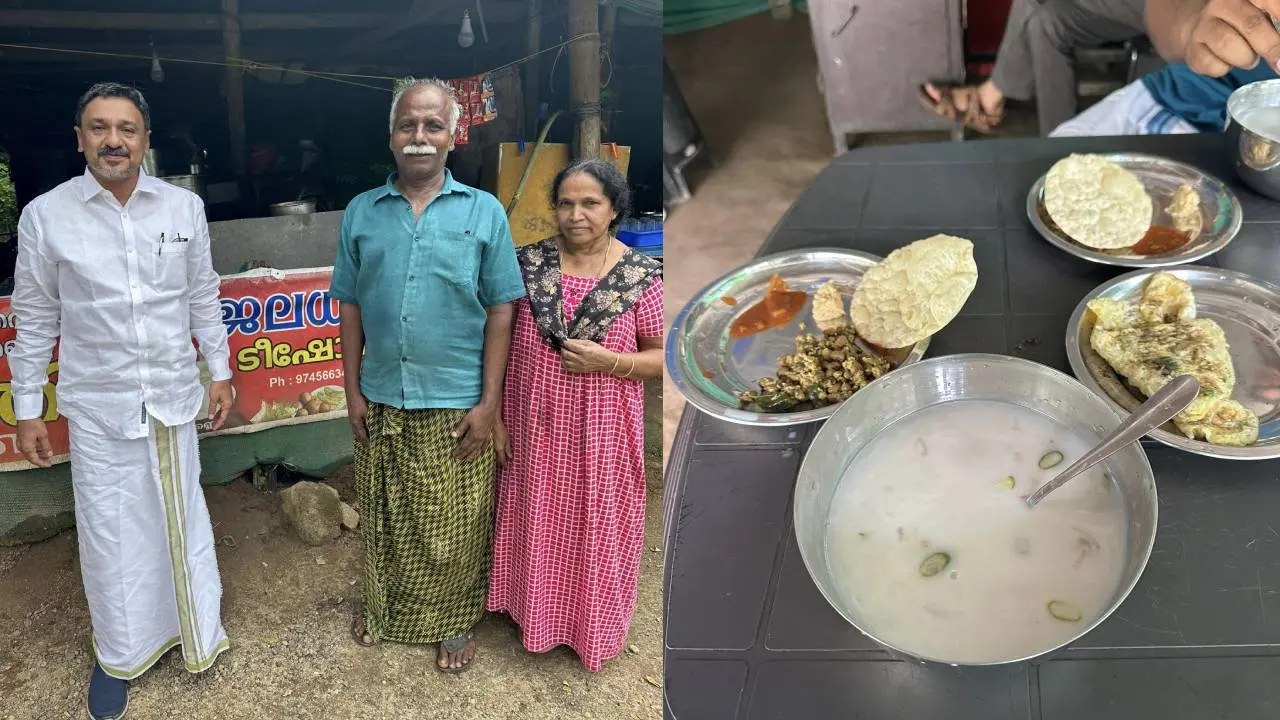 പാണക്കാട് സാദിഖലി ശിഹാബ് തങ്ങള് കടയുടമ ബേബിയുടെയും ഭാര്യയുടേയും കൂടെ