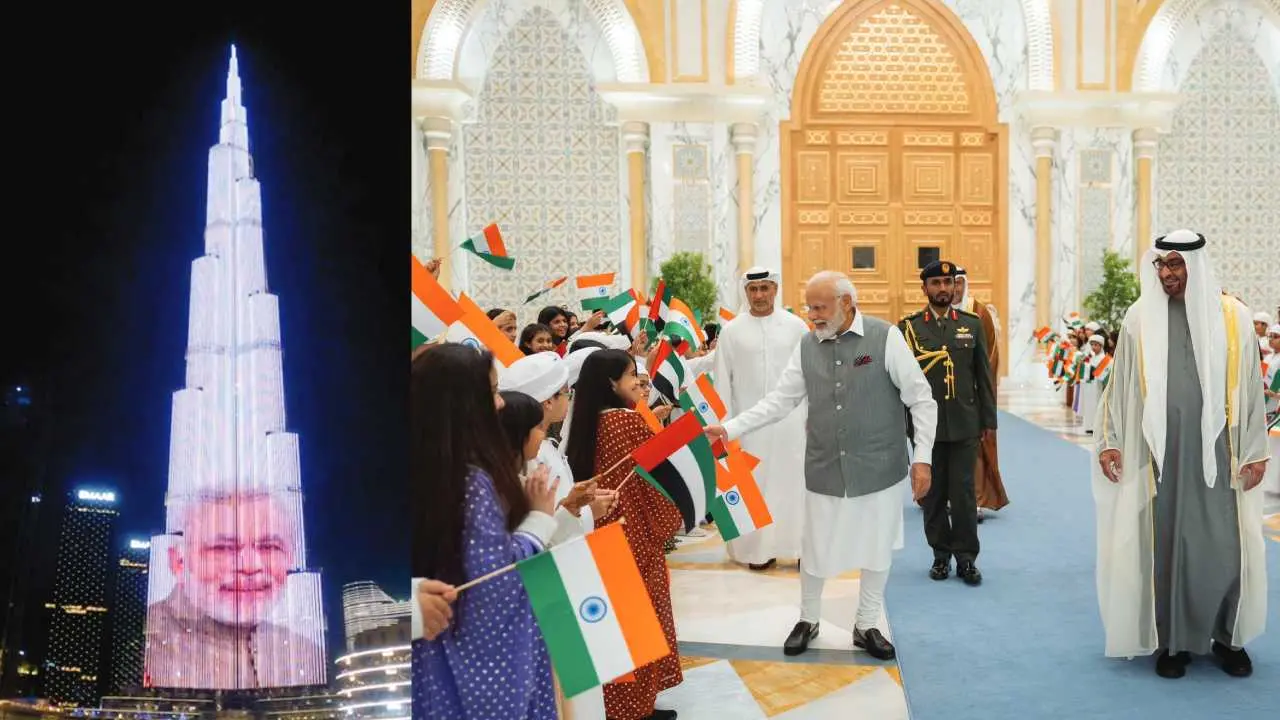 1. പ്രധാനമന്ത്രി നരേന്ദ്ര മോദിയുടെ ചിത്രം ബുര്ജ് ഖലീഫയില് തെളിഞ്ഞപ്പോള്. 2. യുഎഇ പ്രസിഡന്റ് ശൈഖ് മുഹമ്മദ് ബിന് സായിദ് അല് നഹ്യാന്റെ നേതൃത്വത്തില് അബുദാബി ഖസര് അല് വതന് കൊട്ടാരത്തില് ഒരുക്കിയ സ്വീകരണത്തില് പ്രധാനമന്ത്രി നരേന്ദ്രമോദി കുട്ടികള്ക്ക് കൈകൊടുക്കുന്നു.