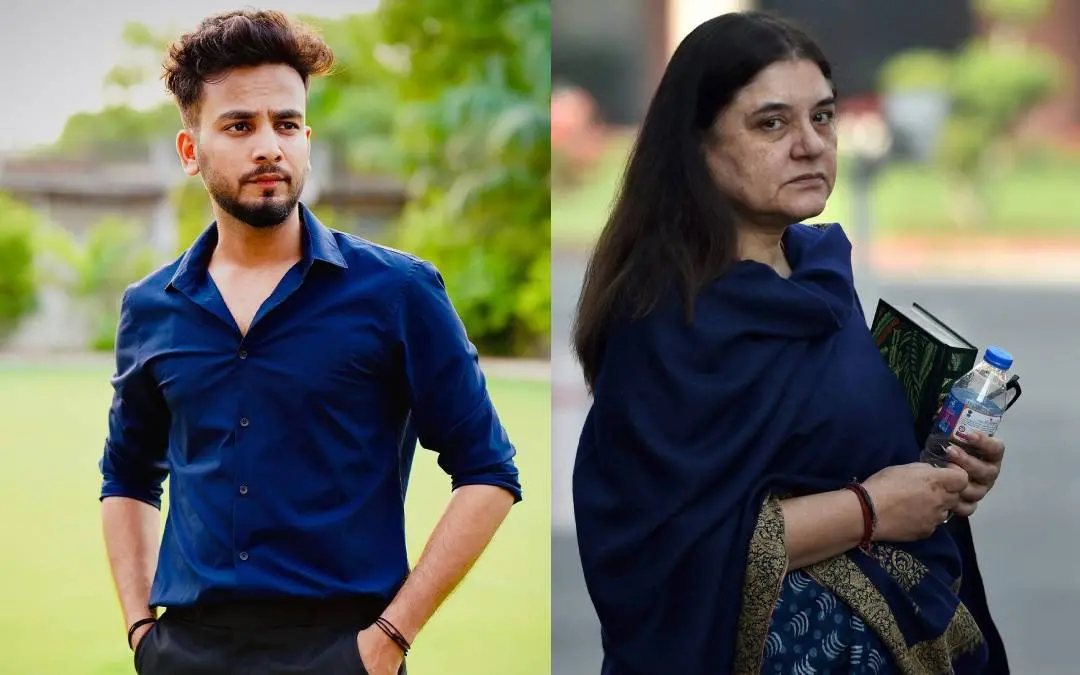 എൽവിഷ് യാദവ്, മനേകാ ഗാന്ധി | ഫോട്ടോ: www.facebook.com/theindianviner, പി.ടി.ഐ