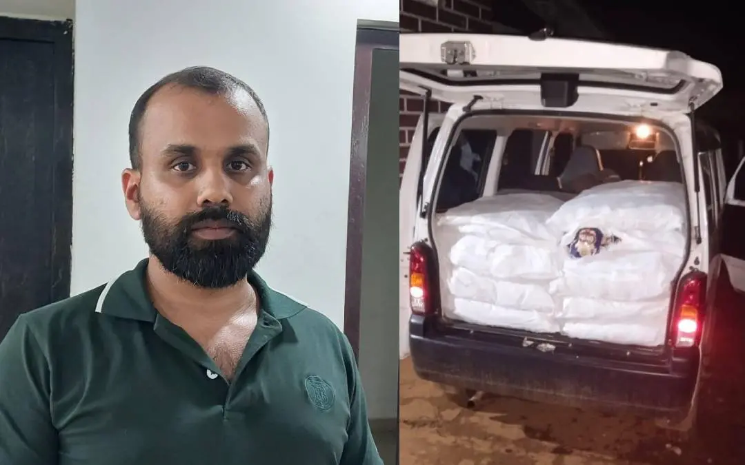 പിടിയിലായ മുഹമ്മദ് ഫൈജാസ്, പോലീസ് പിടിച്ചെടുത്ത വാഹനവും പുകയില ഉത്പന്നങ്ങളും