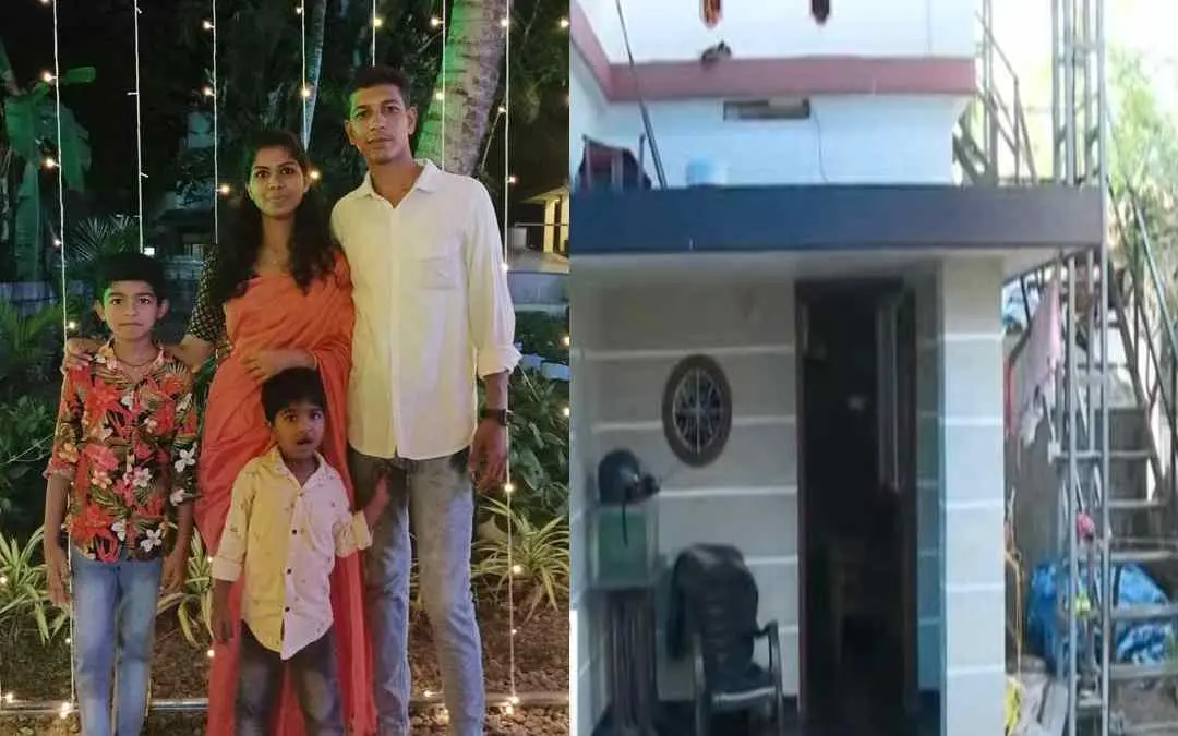 നിജോയും കുടുംബവും (ഇടത്ത്) നിജോയുടെ വീട്(വലത്ത്)
