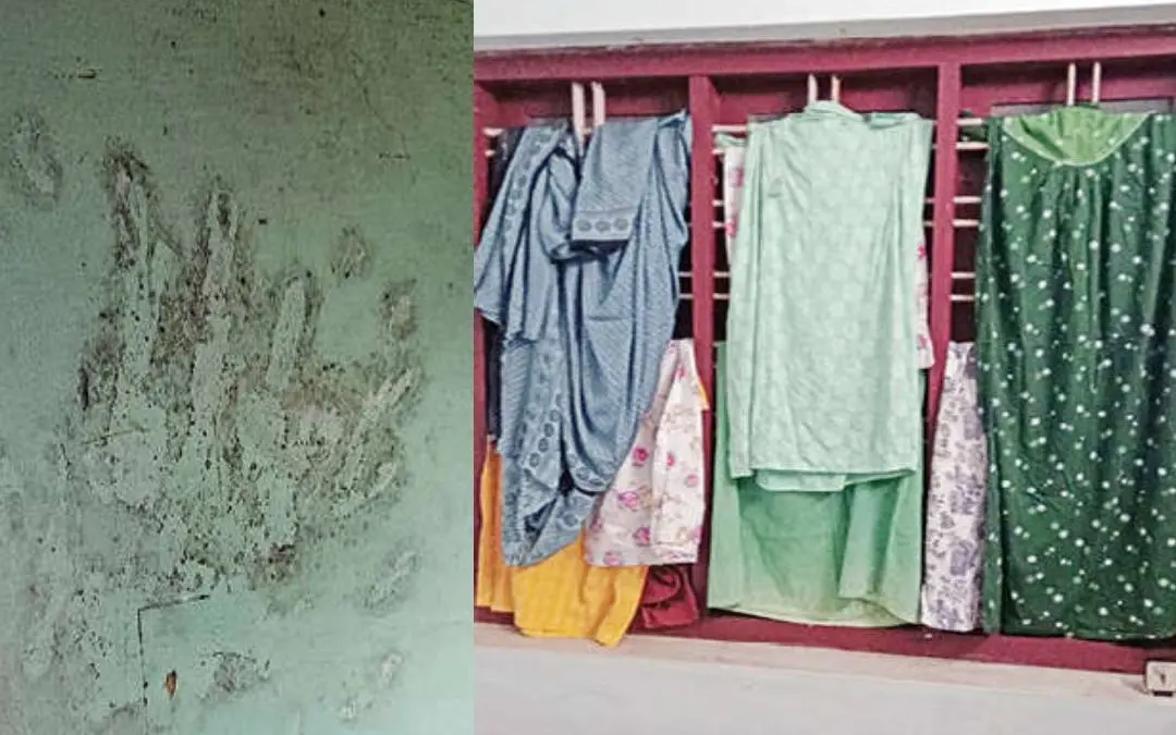 എയ്യന്‍കല്ലിലെ വീടിന്റെ ഭിത്തിയില്‍ പതിപ്പിച്ച കൈപ്പത്തി(ഇടത്ത്) തളാപ്പ് തുളിച്ചേരിയിലെത്തിയ മോഷ്ടാവ് മുറിയിലെ വെളിച്ചം മറയ്ക്കുന്നതിന് ജനലില്‍ തുണി തൂക്കിയിട്ടിരിക്കുന്നു(വലത്ത്)