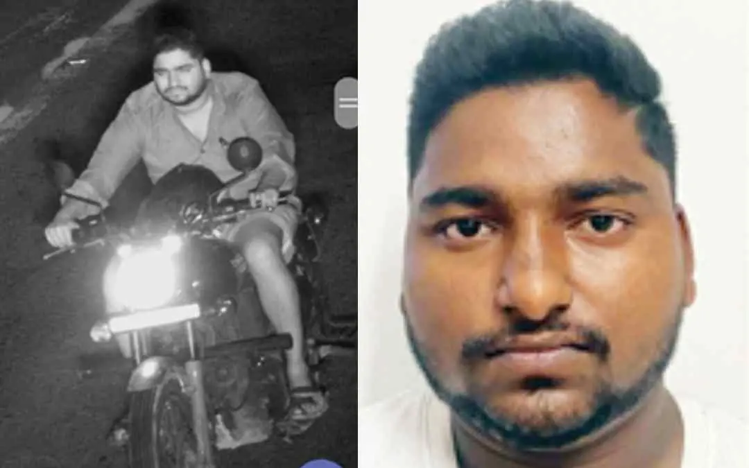 ബുള്ളറ്റ് മോഷ്ടിച്ച് കടന്നുകളഞ്ഞ പ്രതിയുടെ ദ്യശ്യം എ.െഎ. ക്യാമറയിൽ പതിഞ്ഞപ്പോൾ(ഇടത്ത്) പിടിയിലായ ലബീഷ്(വലത്ത്)