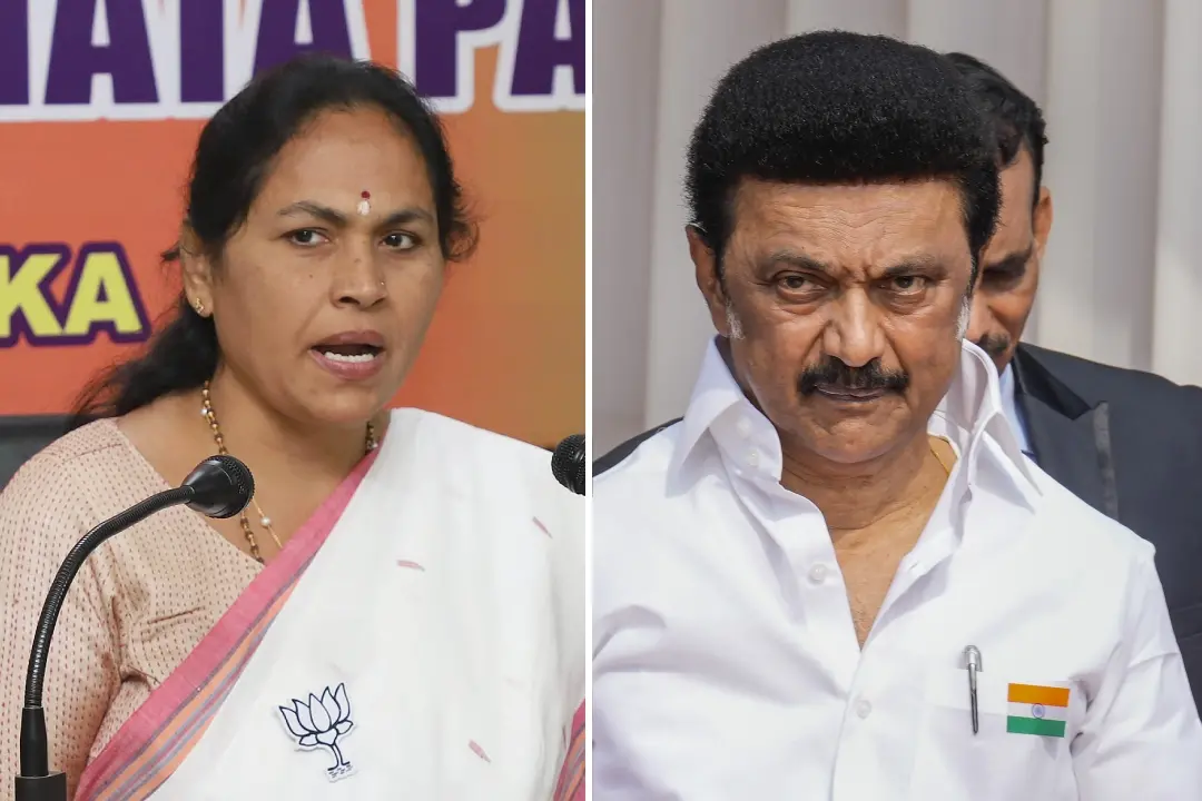 ശോഭ കരന്തലജെ, എം.കെ. സ്റ്റാലിൻ | Photos: Mathrubhumi, PTI