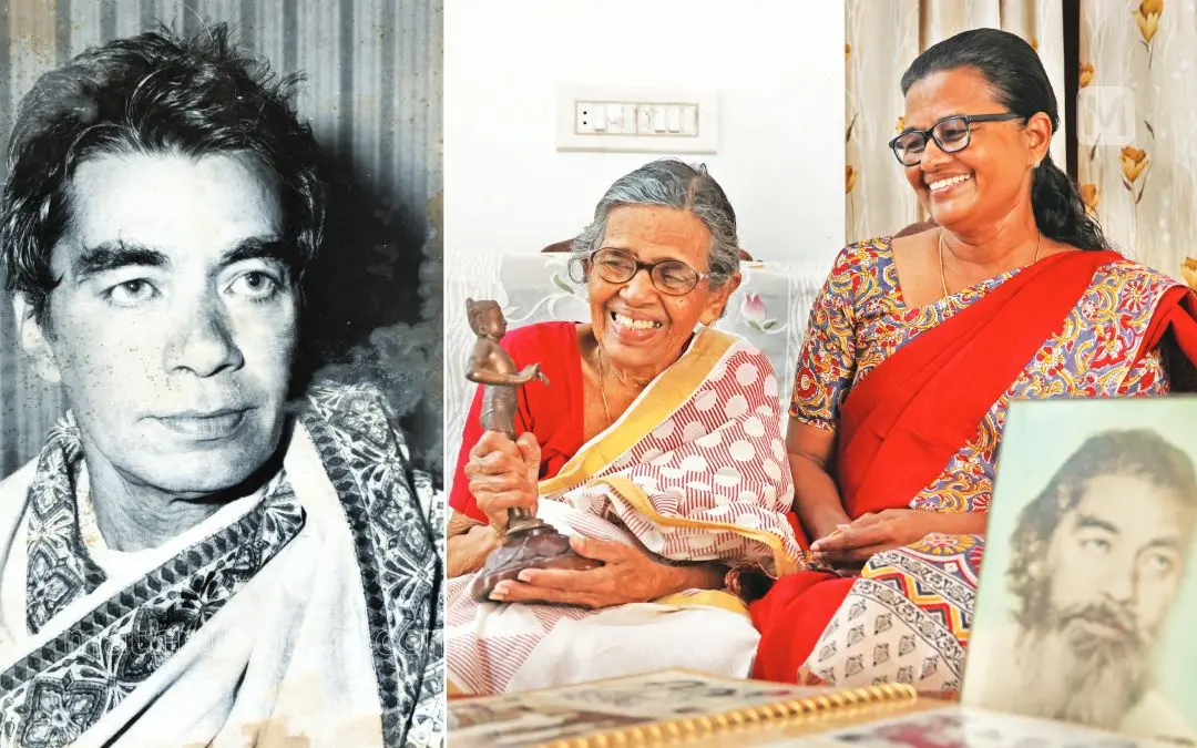 പി.ജെ.ആന്റണി, മേരി ആന്റണിയും മകൾ എലിസബത്ത് ആന്റണിയും പി.ജെ.ആന്റണിക്ക് ലഭിച്ച ഭരത് അവാർഡ് ശില്പവുമായി | ഫോട്ടോ:. ടി.കെ. പ്രദീപ്കുമാർ\ മാതൃഭൂമി
