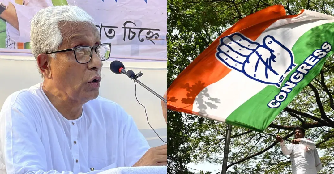 മണിക് സര്ക്കാര്, കോണ്ഗ്രസ് കൊടി | Photo: PTI, AFP