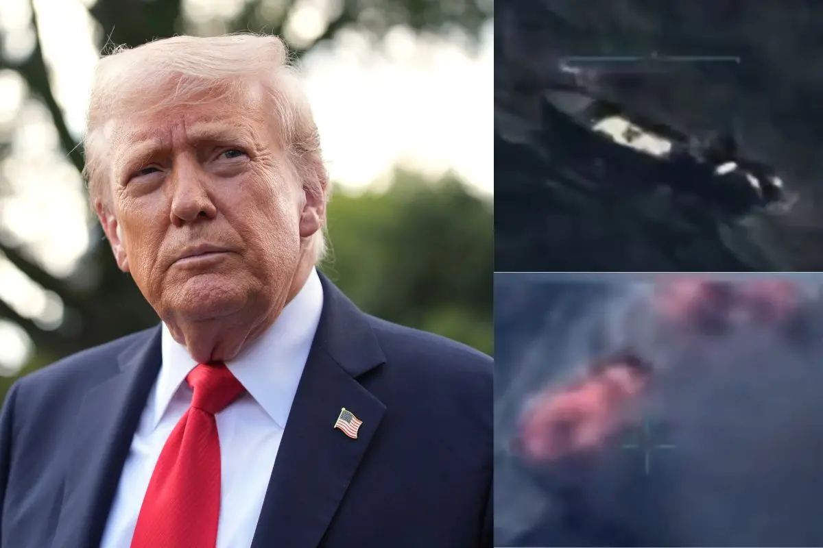 Donald Trump, Suspected drug-smuggling vessel is seen moments before (top) and after (bottom) a US military strike in international waters.