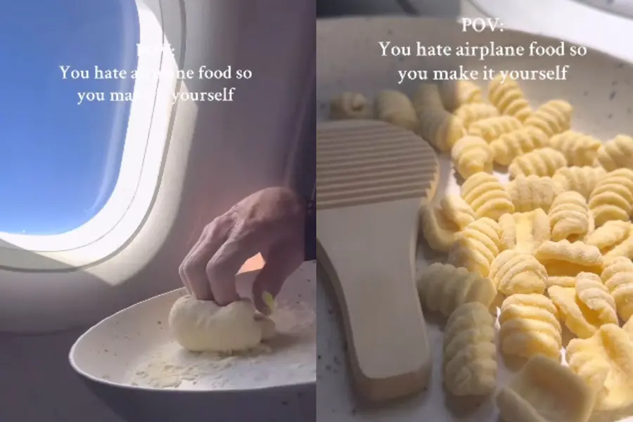 ‘POV: You hate airplane food’- Woman makes gnocchi from scratch mid-flight | WATCH