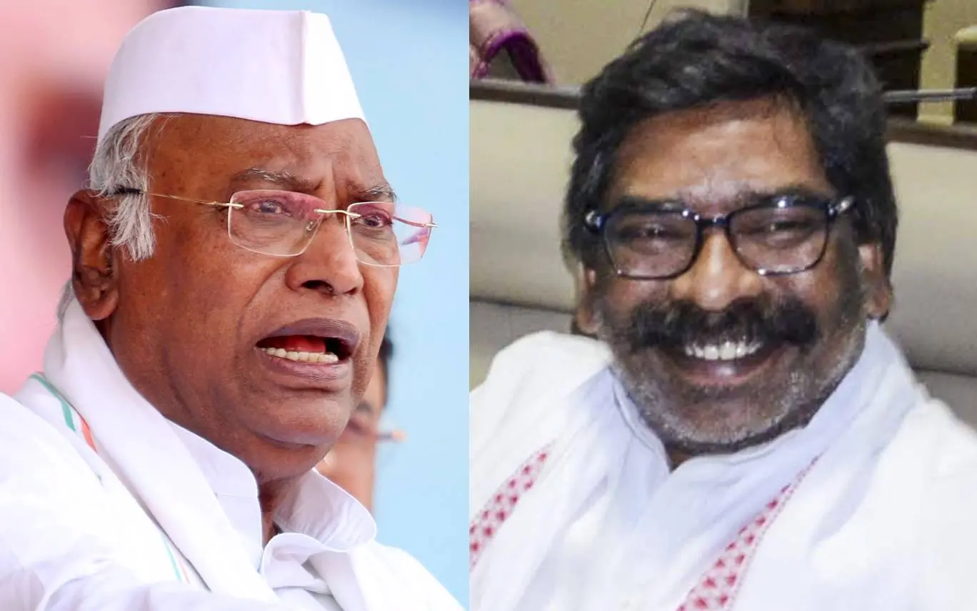 മല്ലികാര്‍ജുന്‍ ഖാര്‍ഗെ, ഹേമന്ത് സോറന്‍ | Photo: ANI, PTI