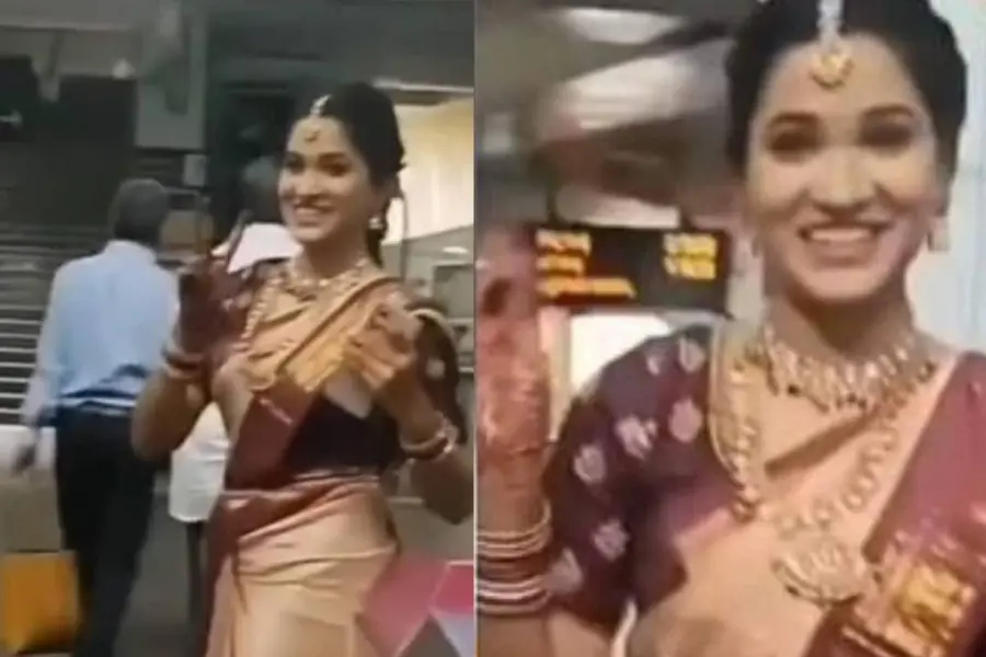 റോഡ് ബ്ലോക്കായാല് എന്തു ചെയ്യും?; വിവാഹവേഷത്തില് മെട്രോയില് യാത്രചെയ്ത് വധു