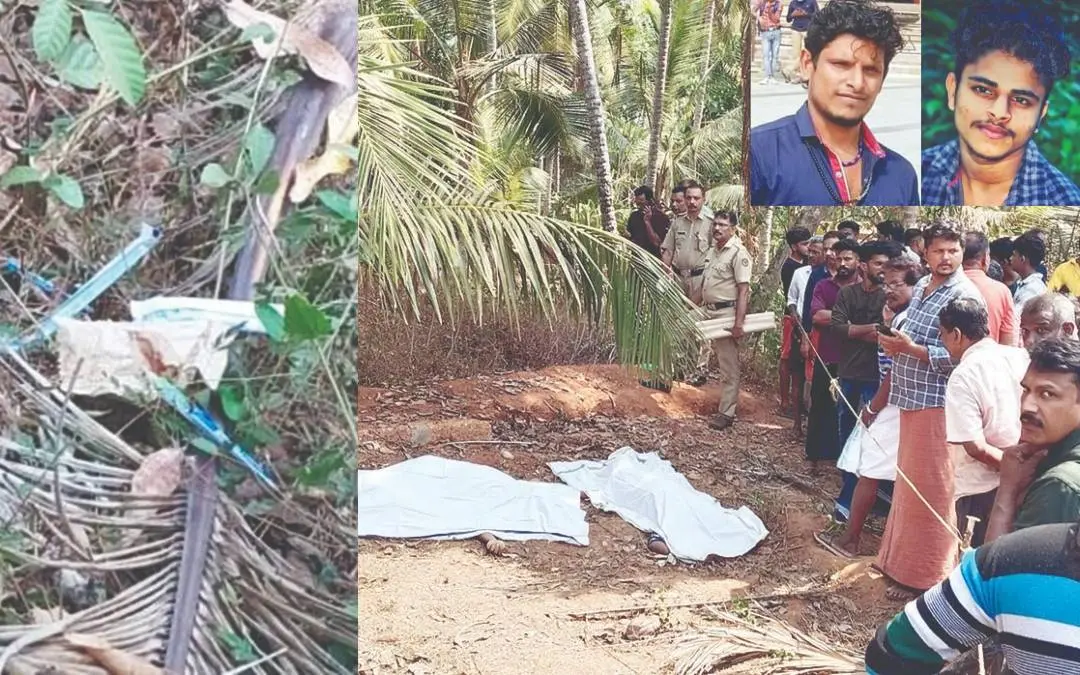 യുവാക്കളുടെ മൃതദേഹം കിടന്ന സ്ഥലത്ത് കണ്ടെത്തിയസിറിഞ്ചുകൾ, നെല്ലാച്ചേരി കുനിക്കുളങ്ങര പറമ്പിൽ രണ്ടു യുവാക്കളുടെ മൃതദേഹം കണ്ടെത്തിയ സ്ഥലത്ത് നാട്ടുകാർ തടിച്ചുകൂടിയപ്പോൾ, ഇന്‍സൈറ്റില്‍ മരിച്ച നിലയില്‍ കണ്ടെത്തിയ അക്ഷയ്, രണ്‍ദീപ്‌ | Photo: Special Arrangement
