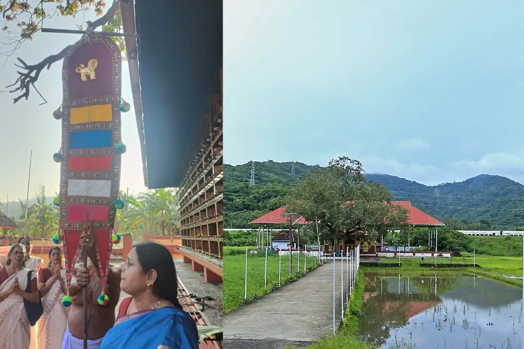 1. ഉത്രാളിക്കാവ് പൂരത്തിന് കൊടിയേറുന്നു, 2. ഉത്രാളിക്കാവ് ക്ഷേത്രം | Photos: Mathrubhumi