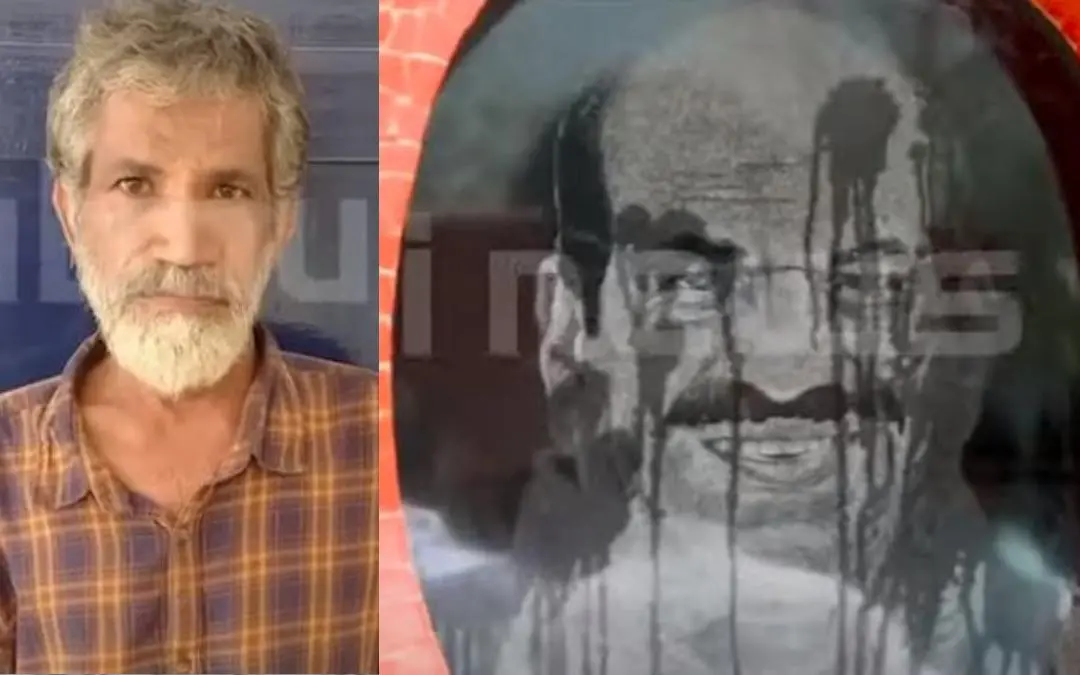 അറസ്റ്റിലായ പ്രതി ഷാജി, കോടിയേരി ബാലകൃഷ്ണന്റെ സ്തൂപത്തിനുമേല്‍ രാസവസ്തു ഒഴിച്ച നിലയില്‍ |photo:screengrab/mathrubhumi news