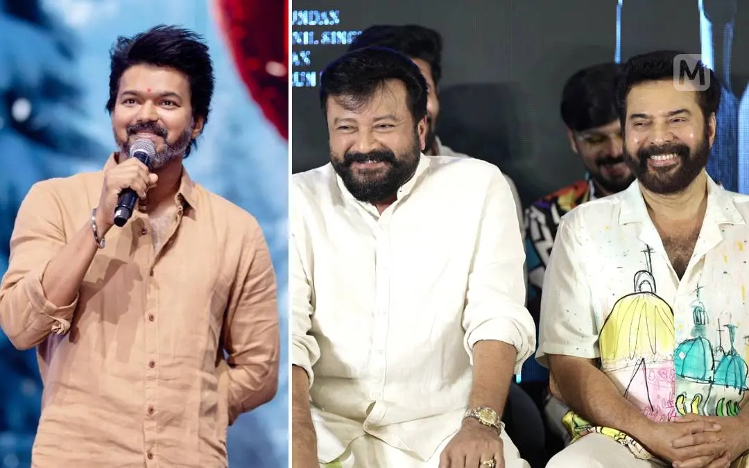 വിജയ്, ജയറാമും മമ്മൂട്ടിയും വാർത്താസമ്മേളനത്തിനിടെ | ഫോട്ടോ: www.instagram.com/actorvijay/, മാതൃഭൂമി