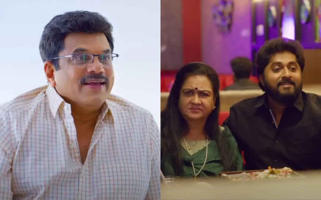 മുകേഷ്, ഉർവശി, ധ്യാൻ ശ്രീനിവാസൻ എന്നിവർ അയ്യർ ഇൻ അറേബ്യ എന്ന ചിത്രത്തിൽ | ഫോട്ടോ: സ്ക്രീൻഗ്രാബ്