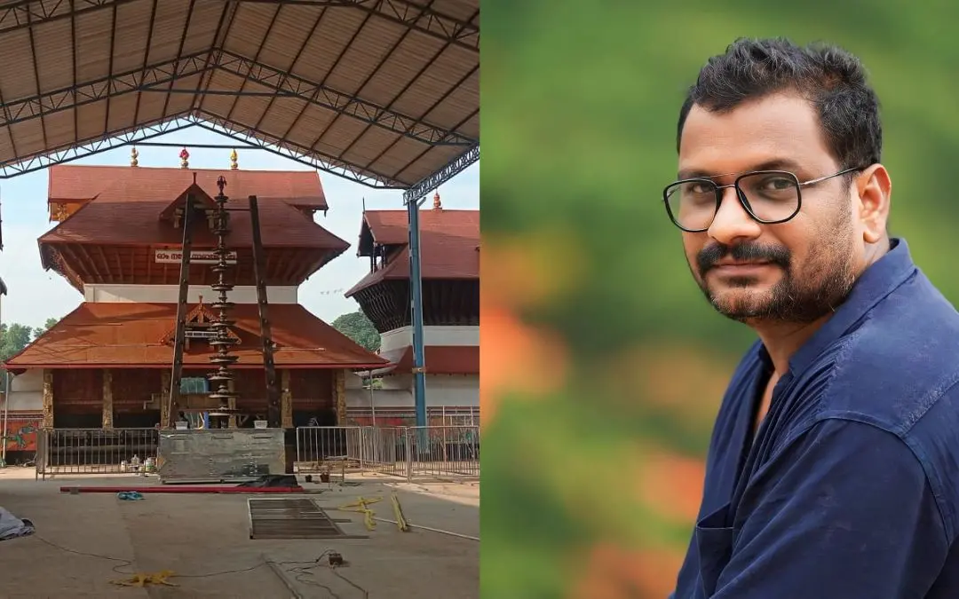 സിനിമയ്ക്കുവേണ്ടി നിർമിച്ച ഗുരുവായൂർ ക്ഷേത്രത്തിന്റെ സെറ്റ്, കലാസംവിധായകൻ സുനിൽ കുമാരൻ | ഫോട്ടോ: അറേഞ്ച്ഡ്