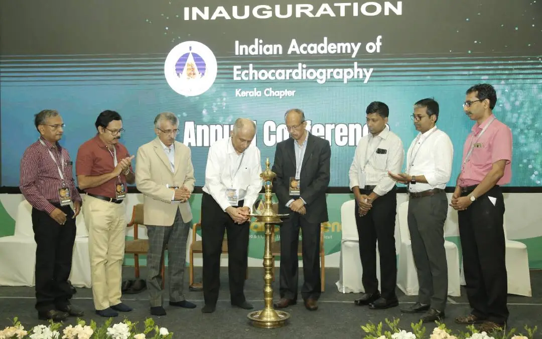 ഇന്ത്യൻ അക്കാദമി ഓഫ് എക്കോകാർഡിയോഗ്രാഫി  കേരള ചാപ്റ്ററിൻ്റെ വാർഷിക സമ്മേളനം ഐ എ ഇ  ദേശീയ പ്രസിഡന്റ്  ഡോ. സതീഷ്. സി.ഗോവിന്ദ് ഉദ്ഘാടനം ചെയ്യുന്നു.(From left)  ഓർഗനൈസിങ്ങ് ചെയർമാൻ ഡോ സജീവ് സി.ജി;  ഡോ. ശിവപ്രസാദ് കെ; ഐഎഇ കേരള ചാപ്റ്റർ പ്രസിഡൻ്റ് ഡോ.സുരേഷ് കെ; ഡോ.രാജൻ ജോസഫ് മാഞ്ഞൂരാൻ;  ഡോ എസ്. പ്രവീൺ; ഡോ.ബിനോ ബെഞ്ചമിൻ;  ഓർഗനൈസിംഗ് സെക്രട്ടറി ഡോ. രാജേഷ് കെ. എഫ് എന്നിവർ സമീപം.