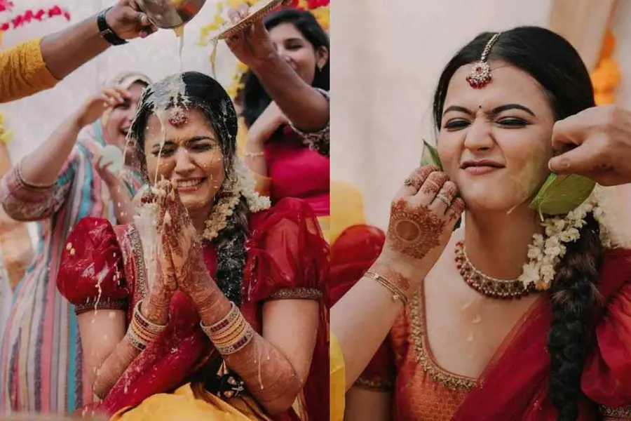 മഞ്ഞള് വെള്ളത്തില് കുളിച്ച് അപര്ണ ദാസ്; ഹല്ദി ആഘോഷമാക്കി നടി