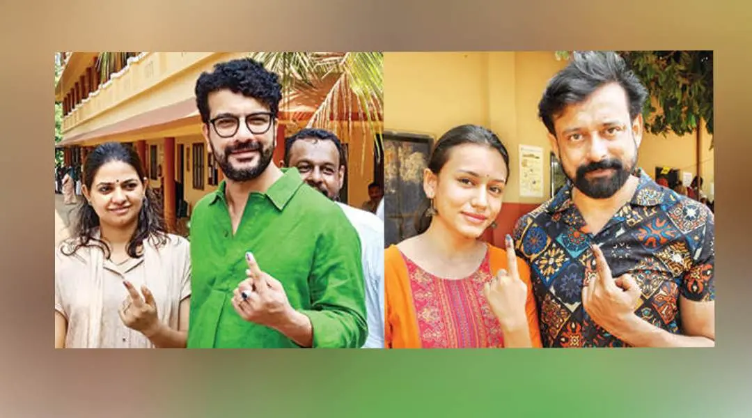 മുളക്കുളം പഞ്ചായത്തിലെ 12-ാം നമ്പർ ബൂത്തിൽ വോട്ട് ചെയ്തശേഷം നടൻ രമേഷ് പിഷാരടിയും ഭാര്യ സൗമ്യയും, നിഷാന്ത് സാഗർ കന്നിവോട്ടറായ മകൾ നന്ദയ്‌ക്കൊപ്പം തൊടുപുഴ ജി.വി.എച്ച്.എസ്.എസിലെ പോളിങ് ബൂത്തിൽ വോട്ട് രേഖപ്പെടുത്തിയപ്പോൾ
