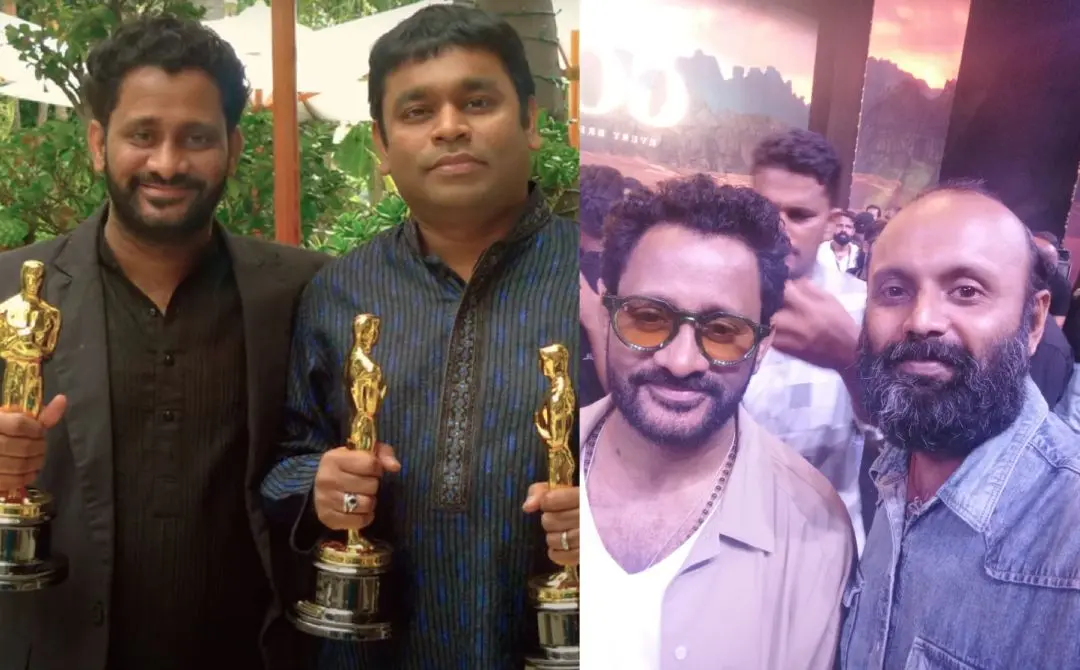 എ.ആർ റഹ്മാനോടൊപ്പം റസൂൽ പൂക്കുട്ടി, റസൂൽ പൂക്കുട്ടിയും സംഗീതസംവിധായകൻ ശ്രീനേഷ് എൽ.പ്രഭുവും | ഫോട്ടോ: സ്ക്രീൻഗ്രാബ്, അറേഞ്ച്ഡ്
