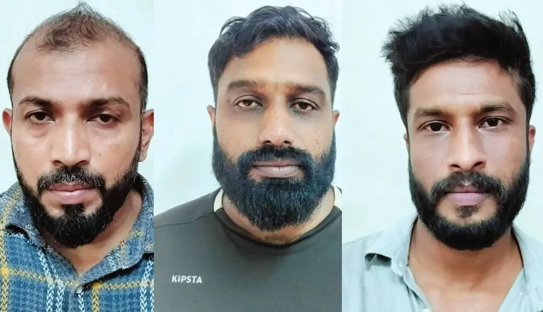 പിടിയിലായ ഷനൂബ്, രാഹുല്, റിഷാദ്