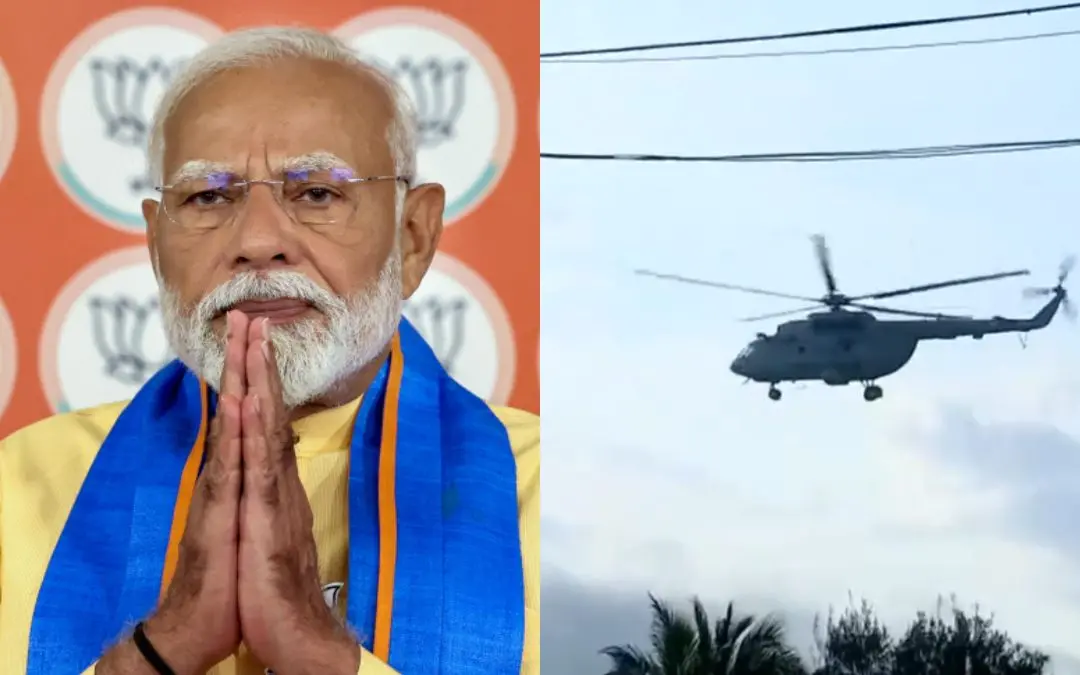 നരേന്ദ്രമോദി, മോദിയുടെ ഹെലികോപ്റ്റര് കന്യാകുമാരിയില് ഇറങ്ങുന്നു | Photo: ANI, Screen gra/ X: ANI