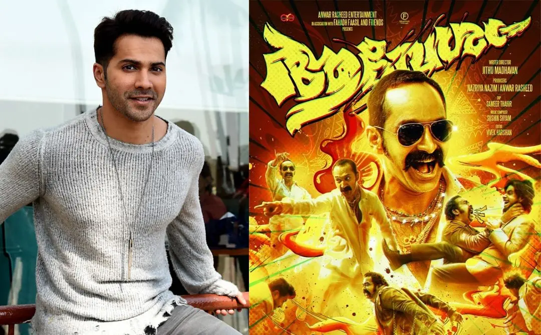വരുൺ ധവാൻ, ആവേശം സിനിമയുടെ പോസ്റ്റർ | ഫോട്ടോ: എ.എഫ്.പി, www.facebook.com/FahadhFaasil