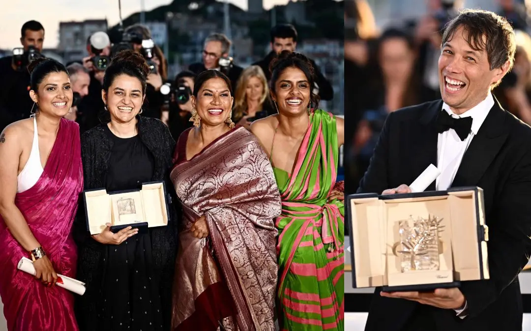 സംവിധായിക പായൽ കപാഡിയക്കൊപ്പം നടിമാരായ ദിവ്യ പ്രഭ, ഛായാ കദം, കനി കുസൃതി എന്നിവർ, സംവിധായകൻ സീൻ ബേക്കർ | photo: ap