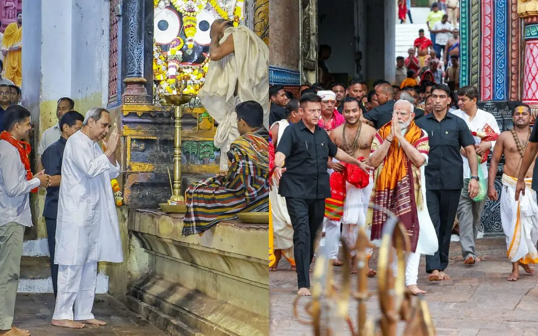 നവീന് പട്നായിക്കും നരേന്ദ്രമോദിയും പുരി ജഗന്നാഥ ക്ഷേത്രത്തില് | Photo: PTI, ANI