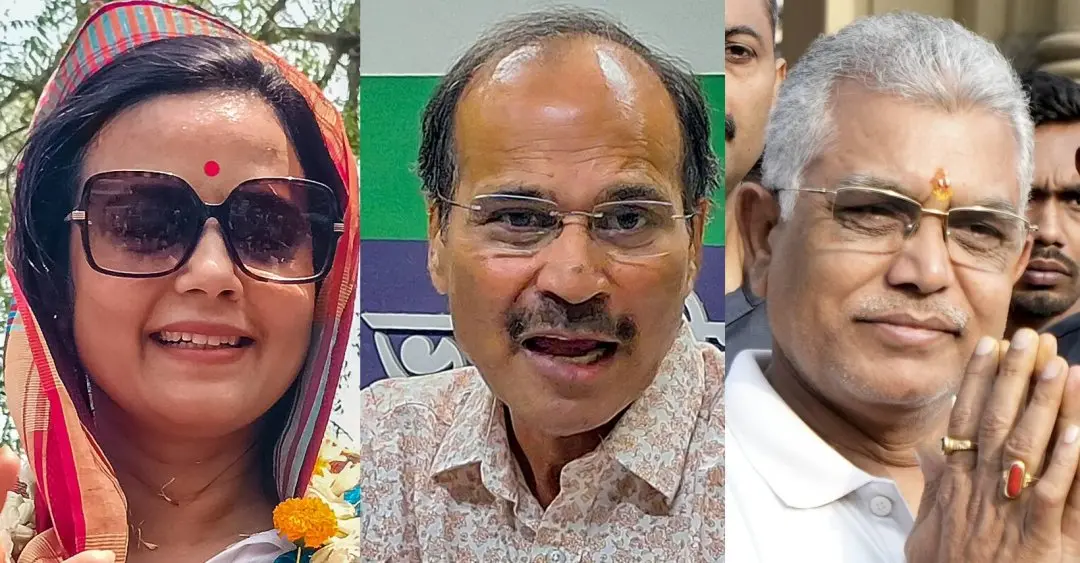 മഹുവ മോയിത്ര, അധീര് രഞ്ജന് ചൗധരി, ദിലീപ് ഘോഷ് | Photo: PTI
