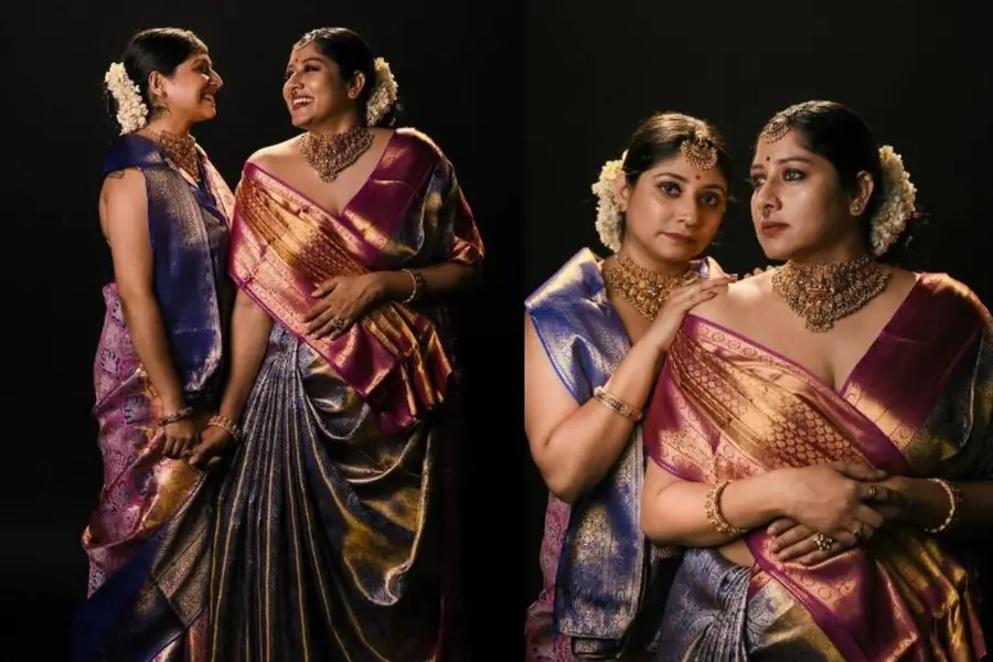 'രണ്ട് സുന്ദരികള്‍ ഒറ്റ ഫ്രെയിമില്‍'; ബ്ലൗസ്‌ലെസായി കാഞ്ചീവരം സാരിയില്‍ തിളങ്ങി അനുമോളും അഭയയും